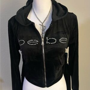 Bebe Black Rhinestone Logo Velour Hoodie Jacket Pants Logo Butt Tracksuit SET